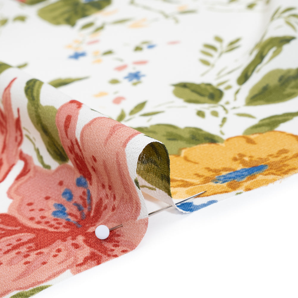 Viscose Georgette Print - Marigold Yellow, Salmon Pink and Sapphire Blue Floral - Designer Deadstock - Detail