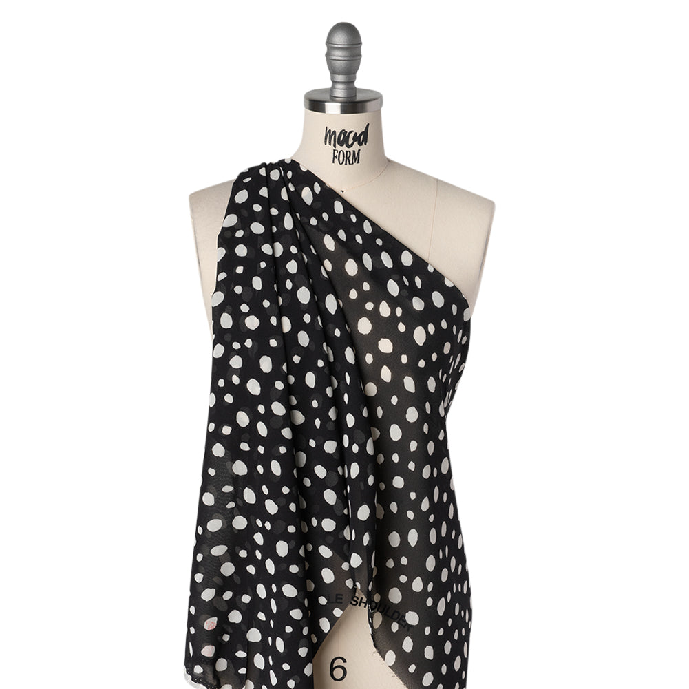 Viscose Georgette Print - Midnight Black and Soft White Uneven Speckled Spots - Designer Deadstock - Drape