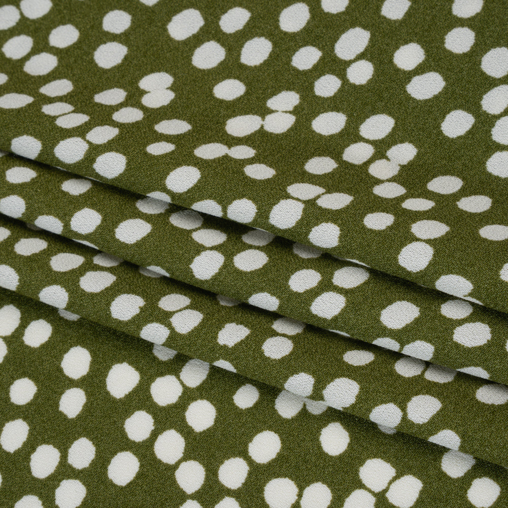 Sustainable Viscose Crepe Print - Moss Green and White Abstract Polka Dots - Designer Deadstock - Folded