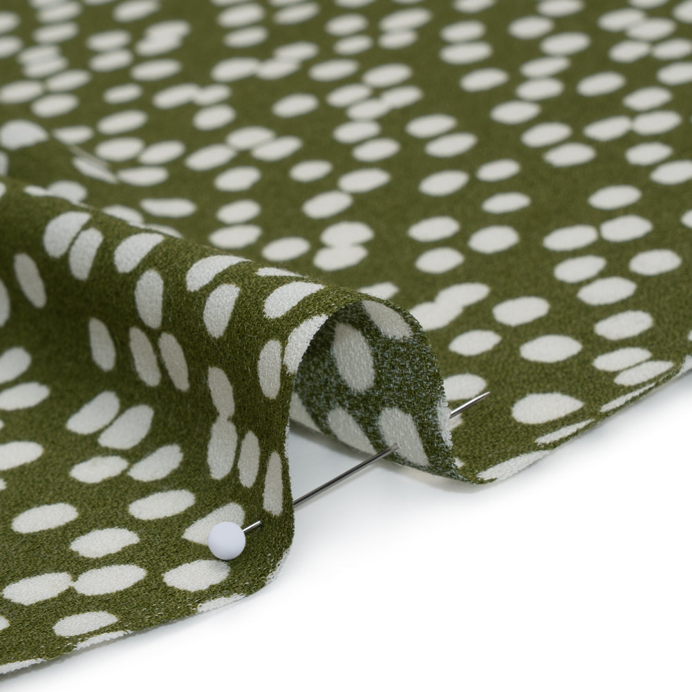 Sustainable Viscose Crepe Print - Moss Green and White Abstract Polka Dots - Designer Deadstock - Detail