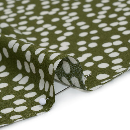 Sustainable Viscose Crepe Print - Moss Green and White Abstract Polka Dots - Designer Deadstock