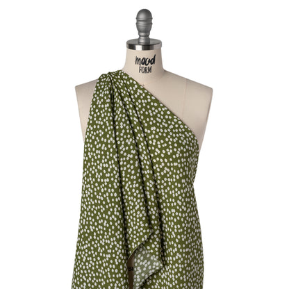 Sustainable Viscose Crepe Print - Moss Green and White Abstract Polka Dots - Designer Deadstock