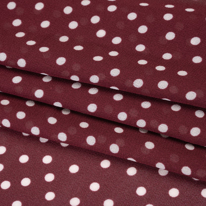 Viscose Georgette Print - Burgundy Red and Off White Scattered Polka Dots - Designer Deadstock