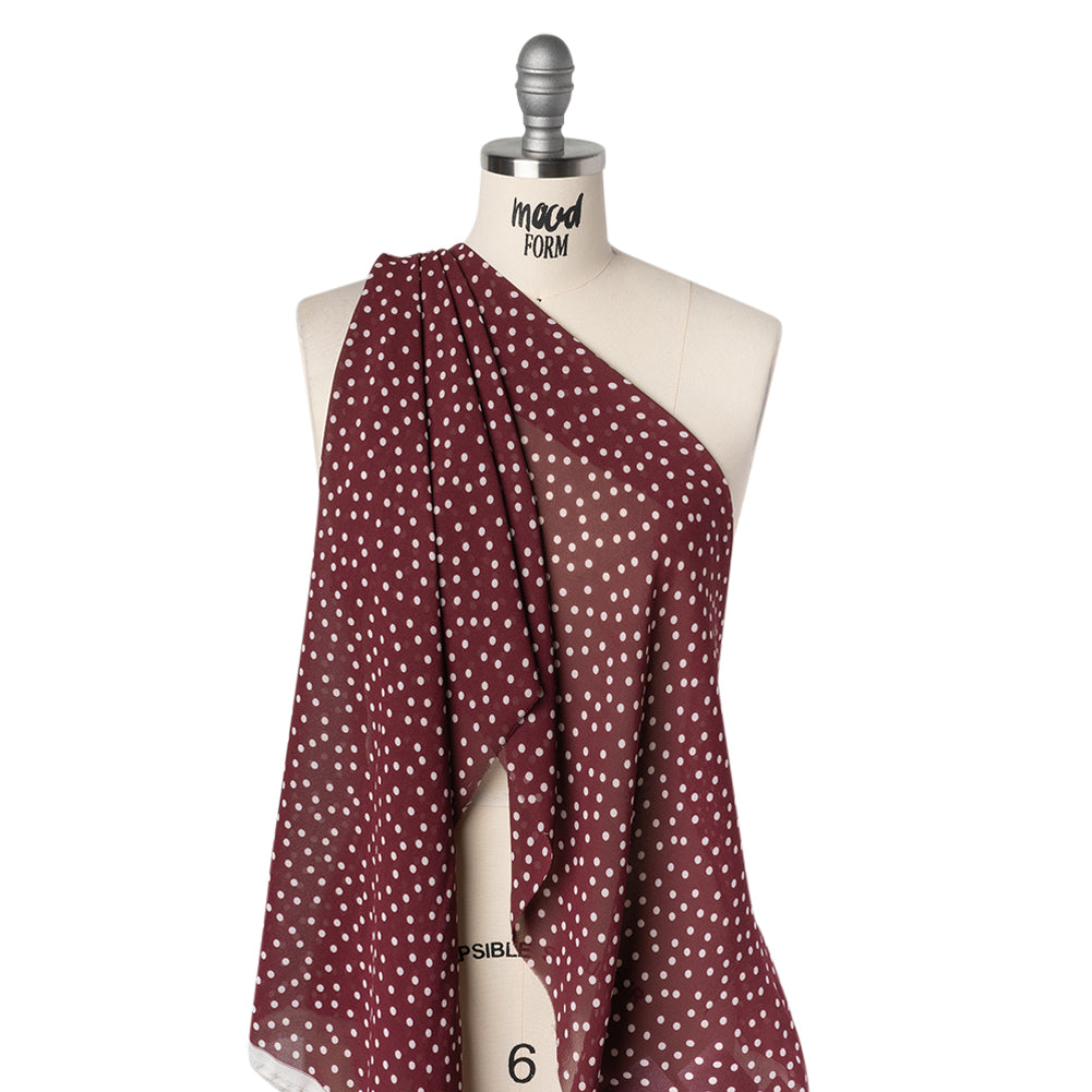 Viscose Georgette Print - Burgundy Red and Off White Scattered Polka Dots - Designer Deadstock - Drape