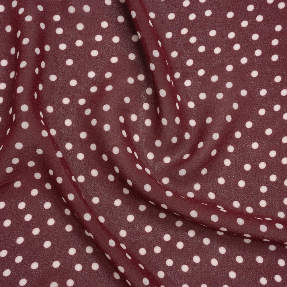 Viscose Georgette Print - Burgundy Red and Off White Scattered Polka Dots - Designer Deadstock