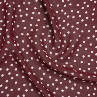 Viscose Georgette Print - Burgundy Red and Off White Scattered Polka Dots - Designer Deadstock