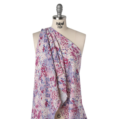 Sustainable Viscose Crepe Print - Blush Pink, Burgundy Red and Lilac Purple Painterly Abstract Floral - Designer Deadstock