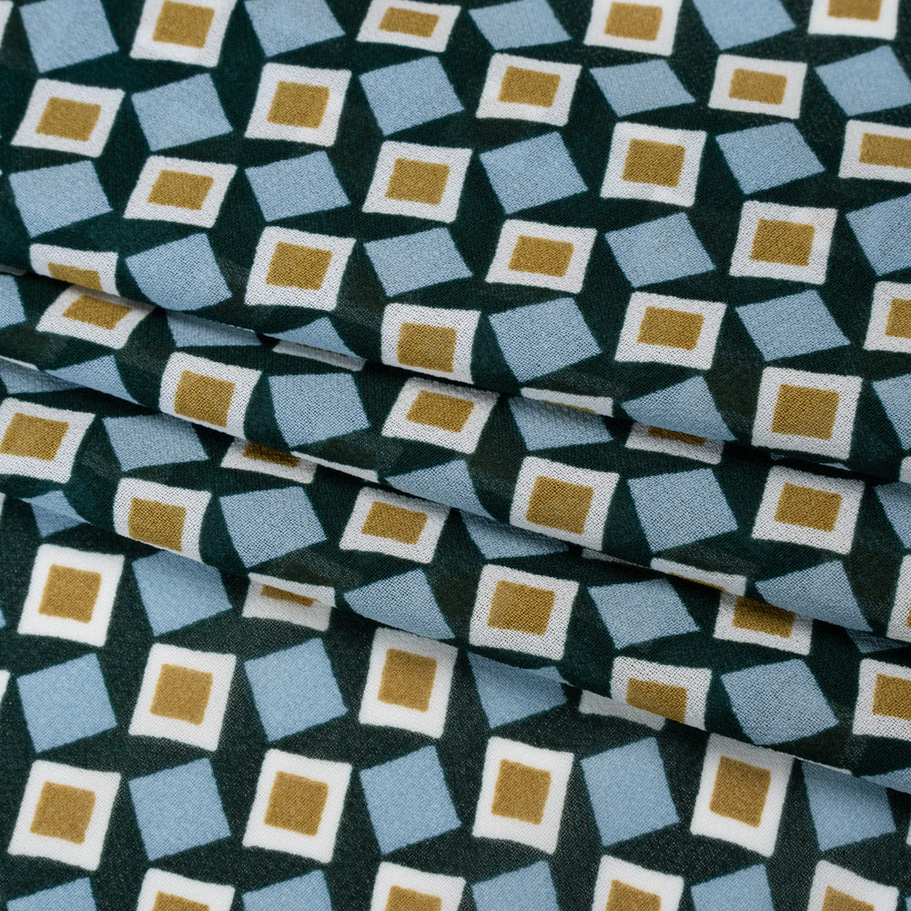 Viscose Georgette Print - Baby Blue, Dark Teal Green and Mustard Gold Geometric Mosaic - Designer Deadstock - Folded