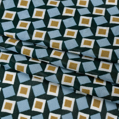 Viscose Georgette Print - Baby Blue, Dark Teal Green and Mustard Gold Geometric Mosaic - Designer Deadstock