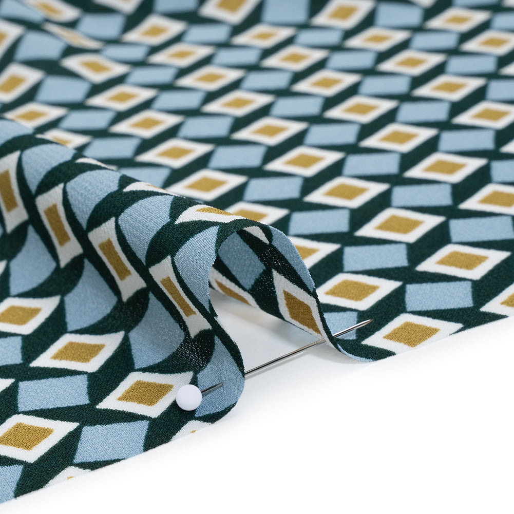 Viscose Georgette Print - Baby Blue, Dark Teal Green and Mustard Gold Geometric Mosaic - Designer Deadstock - Detail