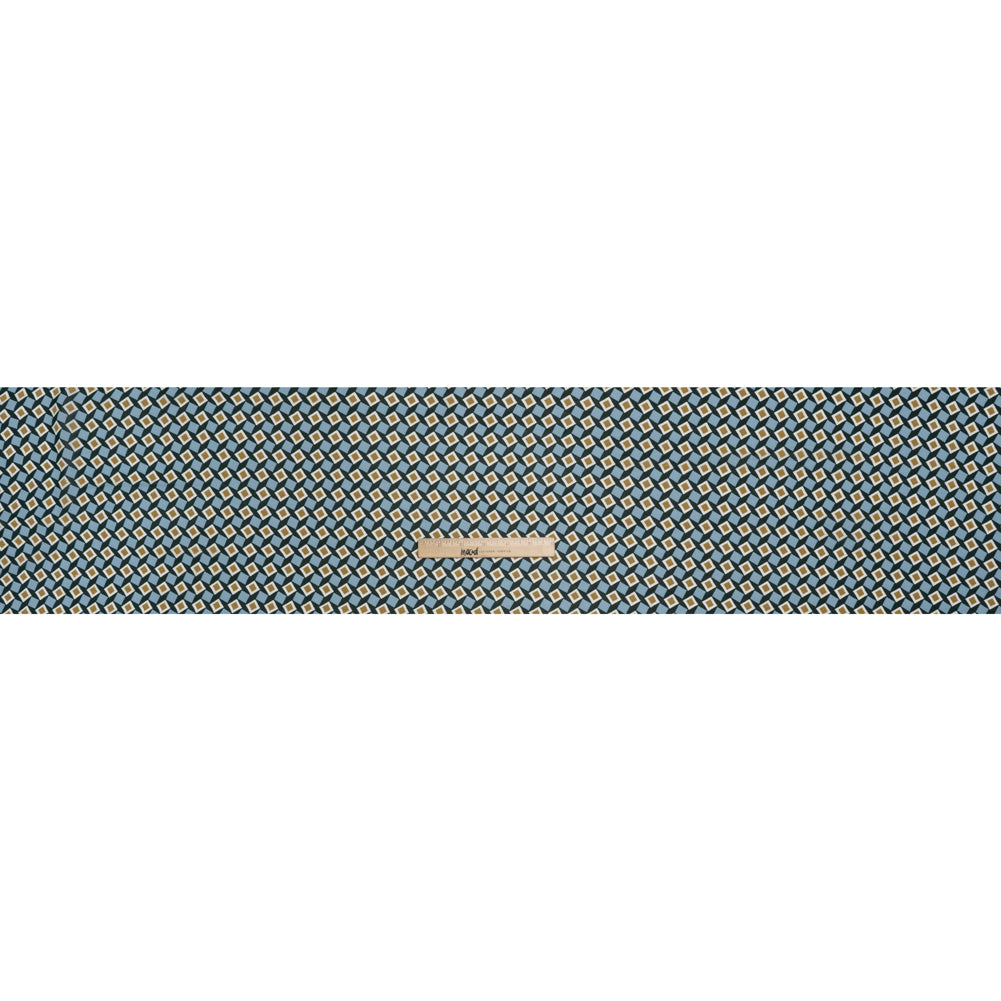 Viscose Georgette Print - Baby Blue, Dark Teal Green and Mustard Gold Geometric Mosaic - Designer Deadstock - Full
