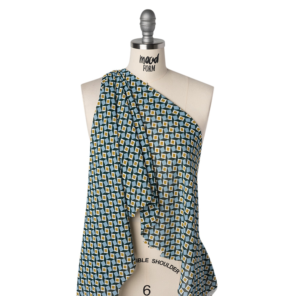 Viscose Georgette Print - Baby Blue, Dark Teal Green and Mustard Gold Geometric Mosaic - Designer Deadstock - Drape