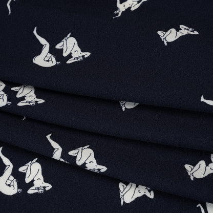 Sustainable Viscose Crepe Print - Dark Navy and White Human Figures Illustration - Designer Deadstock