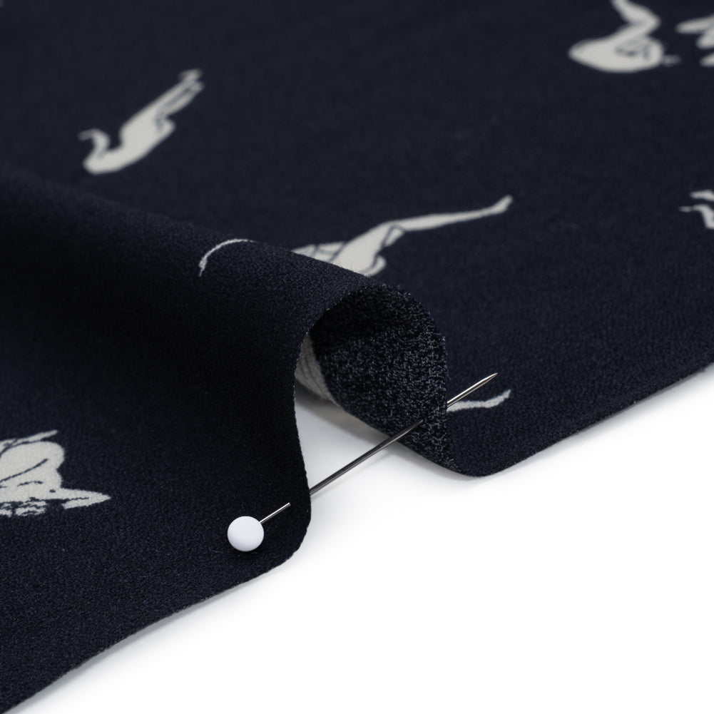 Sustainable Viscose Crepe Print - Dark Navy and White Human Figures Illustration - Designer Deadstock - Detail
