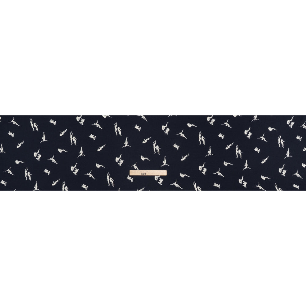 Sustainable Viscose Crepe Print - Dark Navy and White Human Figures Illustration - Designer Deadstock - Full