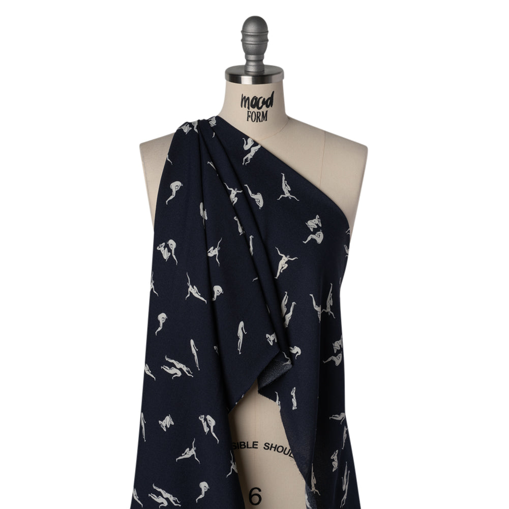 Sustainable Viscose Crepe Print - Dark Navy and White Human Figures Illustration - Designer Deadstock - Drape