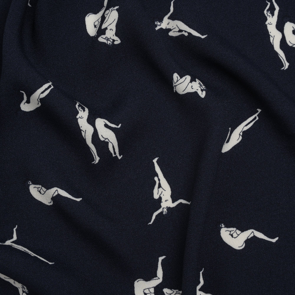 Sustainable Viscose Crepe Print - Dark Navy and White Human Figures Illustration - Designer Deadstock