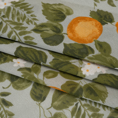 Viscose Georgette Print - Dark Orange, Sage Green and White Floral and Oranges - Designer Deadstock