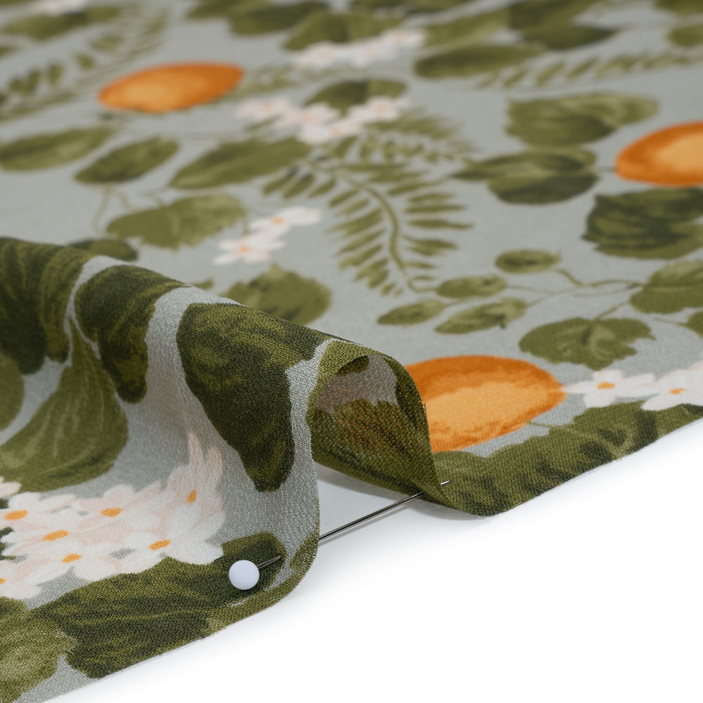 Viscose Georgette Print - Dark Orange, Sage Green and White Floral and Oranges - Designer Deadstock - Detail