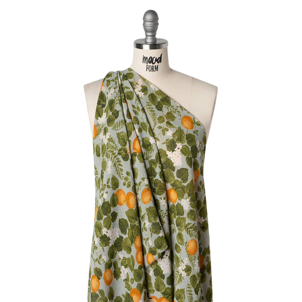 Viscose Georgette Print - Dark Orange, Sage Green and White Floral and Oranges - Designer Deadstock - Drape
