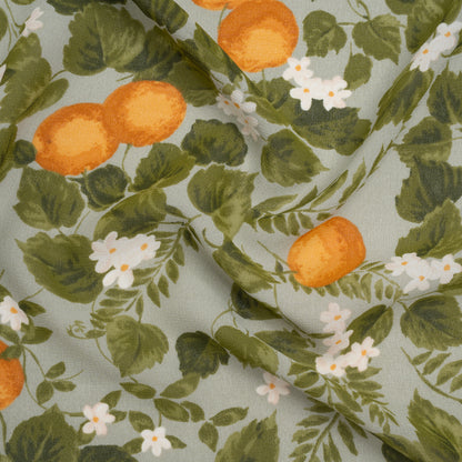 Viscose Georgette Print - Dark Orange, Sage Green and White Floral and Oranges - Designer Deadstock