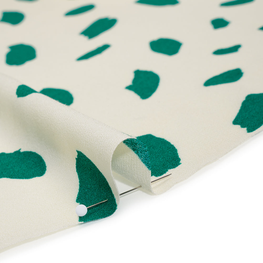 Sustainable Viscose Crepe Print - Emerald Green and Cream Brushstrokes - Designer Deadstock - Detail