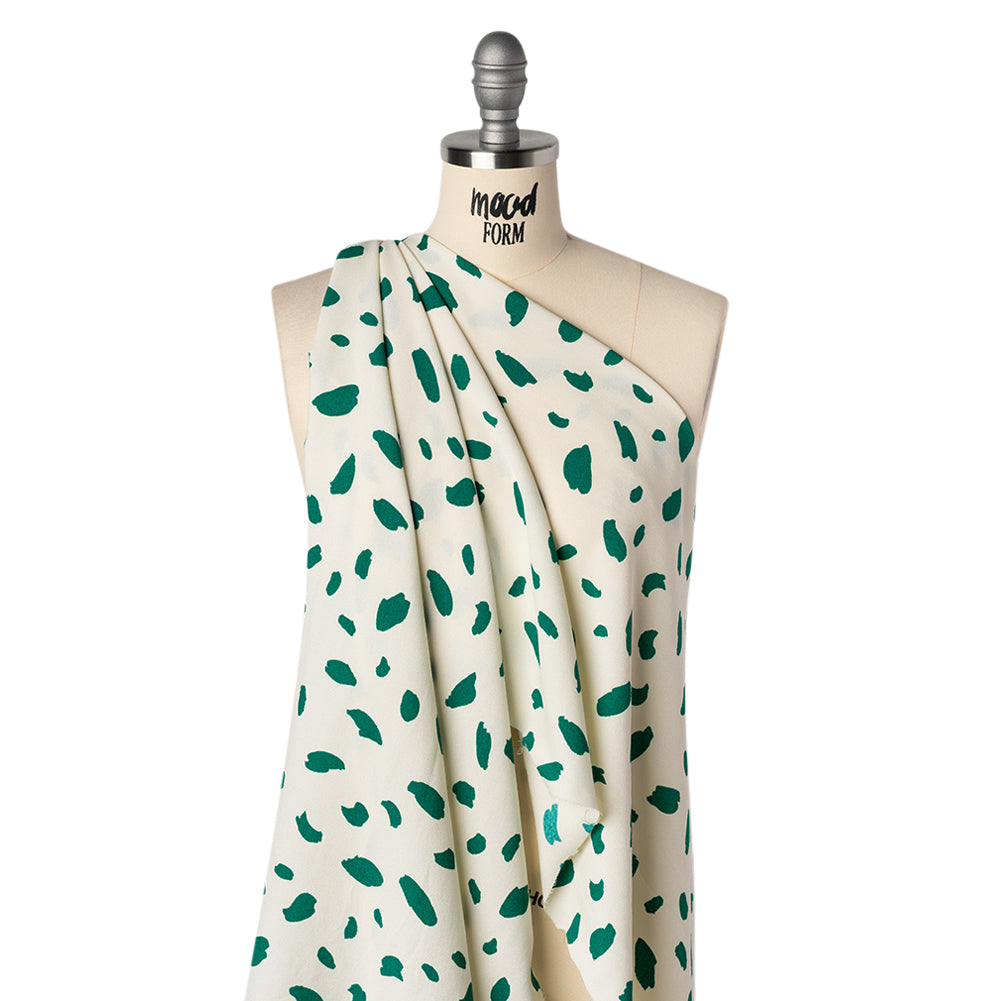 Sustainable Viscose Crepe Print - Emerald Green and Cream Brushstrokes - Designer Deadstock - Drape