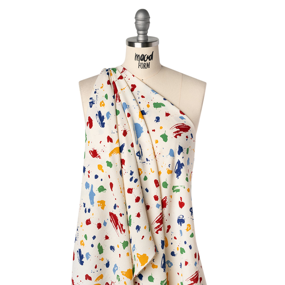 Sustainable Viscose Crepe Print - Golden Yellow, Navy and Red Splattered Paint - Designer Deadstock - Drape