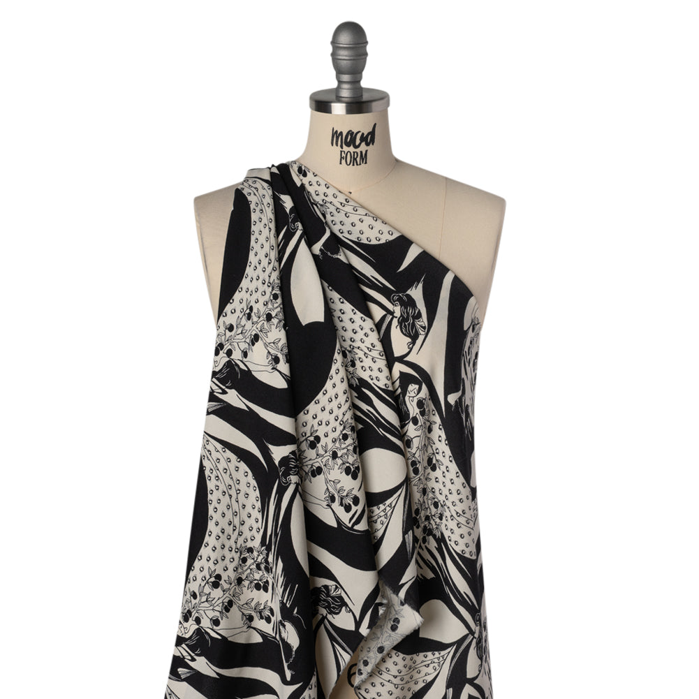 Sustainable Viscose Crepe Print - Black and White Greek Goddess Illustration - Designer Deadstock - Drape