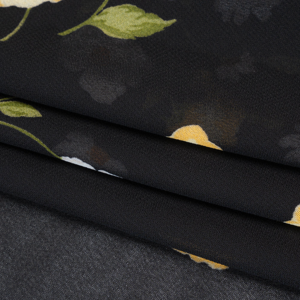 Viscose Georgette Print - Canary Yellow, White and Black Floral - Designer Deadstock - Folded