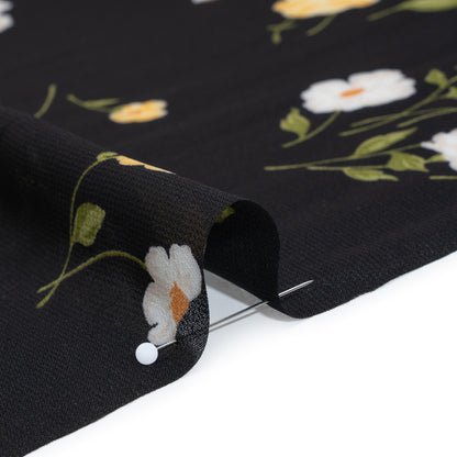 Viscose Georgette Print - Canary Yellow, White and Black Floral - Designer Deadstock