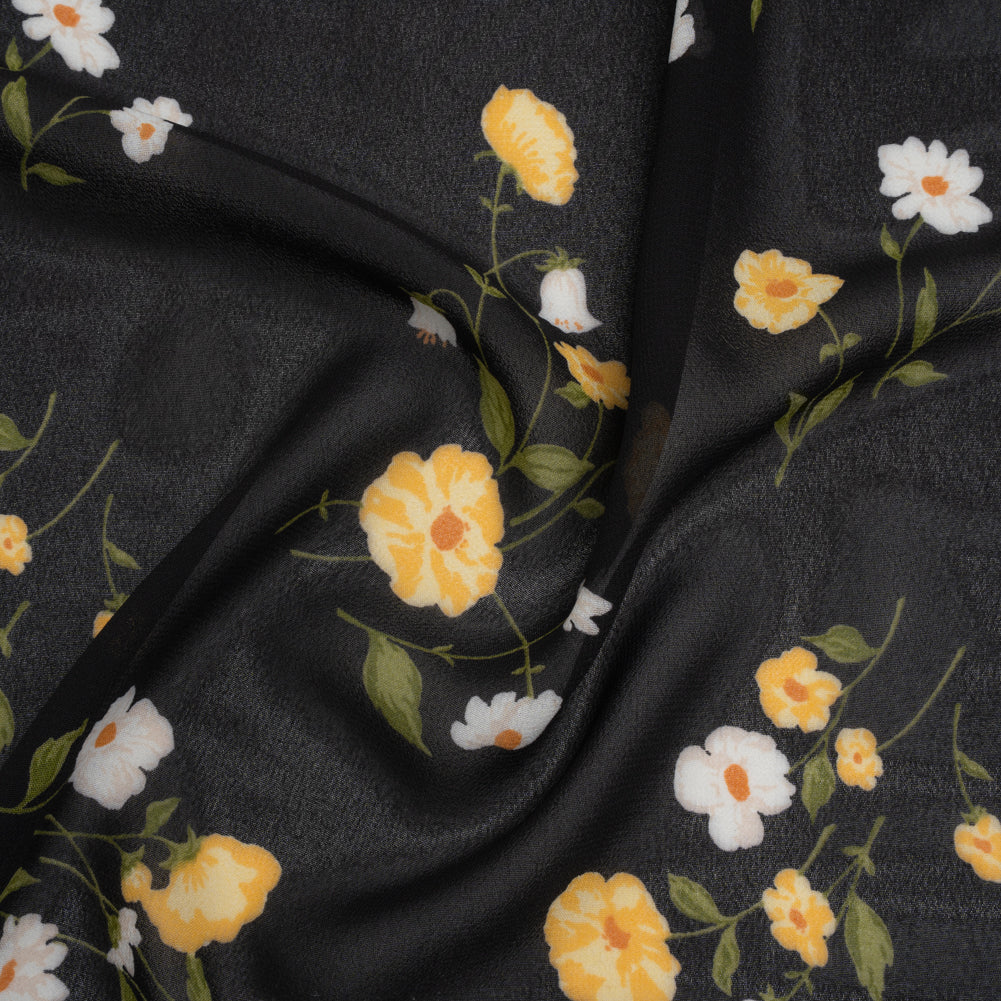 Viscose Georgette Print - Canary Yellow, White and Black Floral - Designer Deadstock