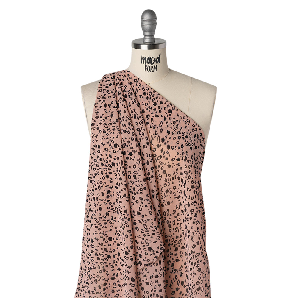 Viscose Georgette Print by The Reformation - Apricot Pink and Black Leopard Spots - Deadstock - Drape