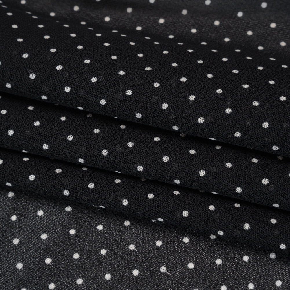 Viscose Georgette Print - Ink Black and Cream Swiss Dots - Designer Deadstock - Folded