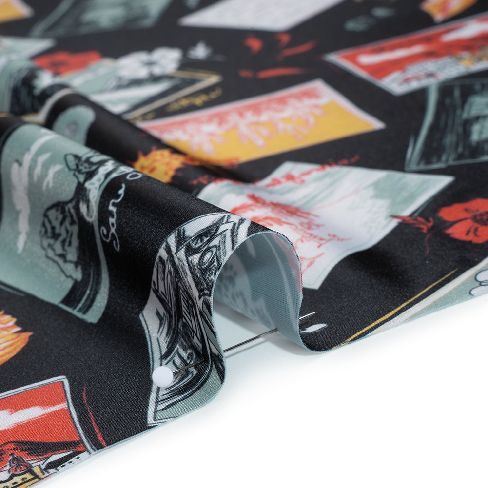 Stretch Econyl Nylon Jersey Print by The Reformation - Love Red, Jade Green and Black Postcard Illustration - Deadstock - Detail