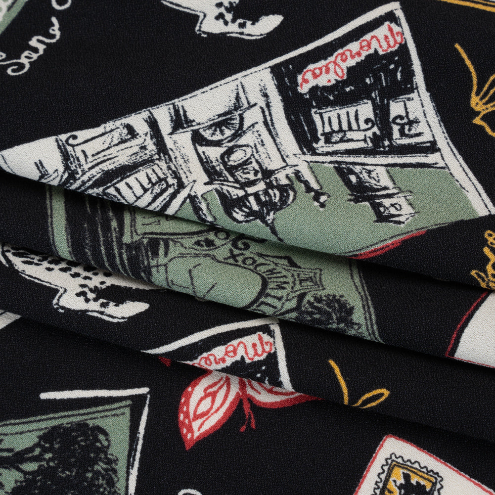 Sustainable Viscose Crepe Print by The Reformation - Sage Green, Crimson Red and Black Postcards Illustration - Deadstock