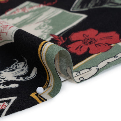 Sustainable Viscose Crepe Print by The Reformation - Sage Green, Crimson Red and Black Postcards Illustration - Deadstock
