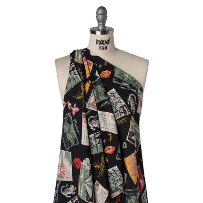 Sustainable Viscose Crepe Print by The Reformation - Sage Green, Crimson Red and Black Postcards Illustration - Deadstock