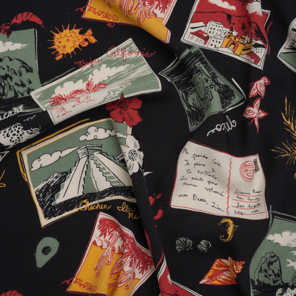 Sustainable Viscose Crepe Print by The Reformation - Sage Green, Crimson Red and Black Postcards Illustration - Deadstock