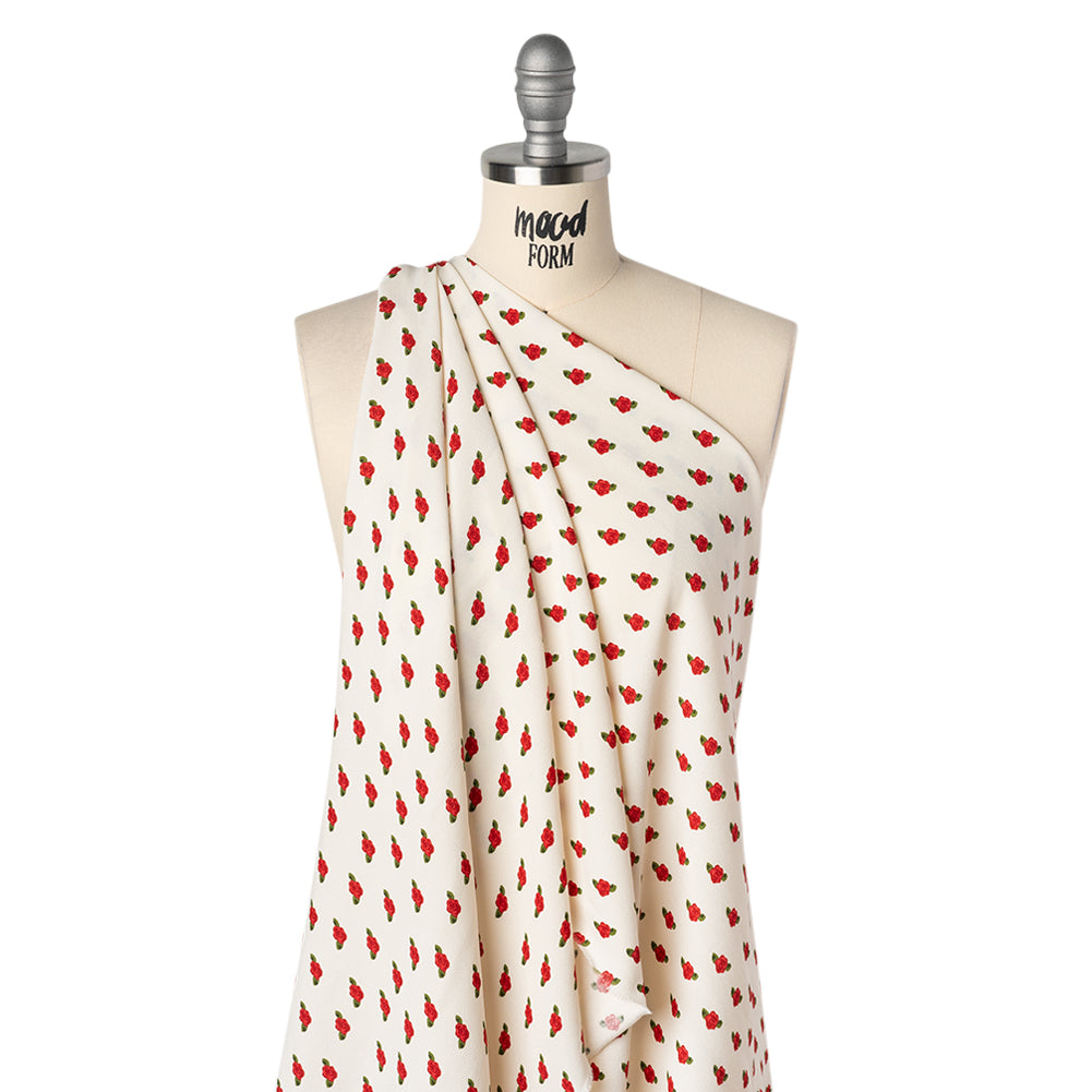 Sustainable Viscose Crepe Print by The Reformation - Ruby Red and Cream Rose Floral - Deadstock