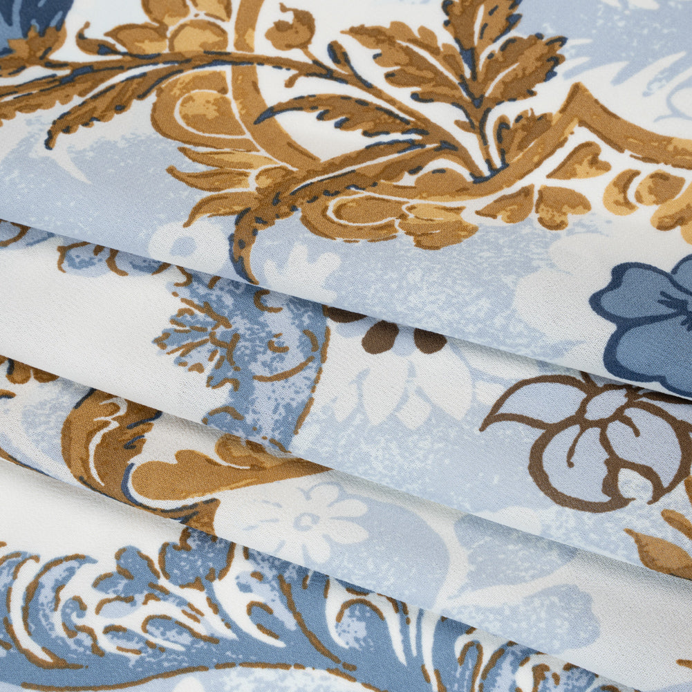 Viscose Georgette Print - Antique Gold, Marble Blue and Off White Floral Damask - Designer Deadstock - Folded