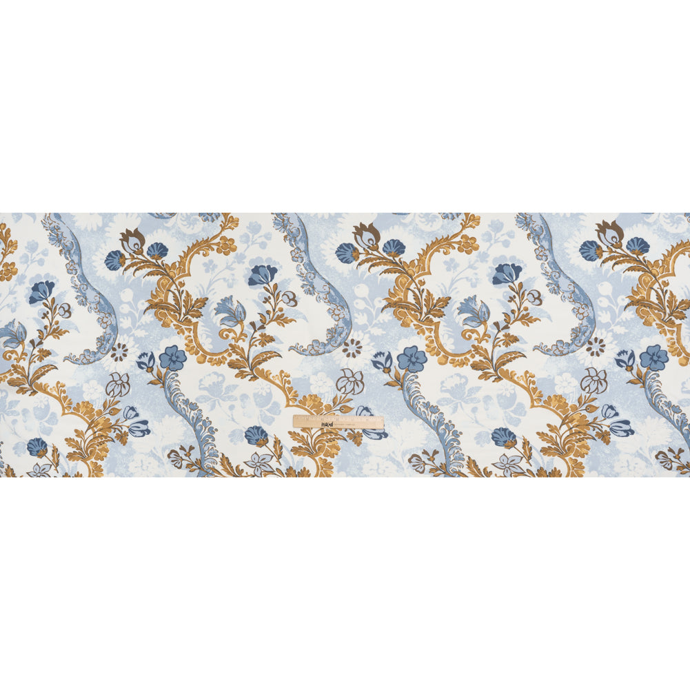 Viscose Georgette Print - Antique Gold, Marble Blue and Off White Floral Damask - Designer Deadstock - Full