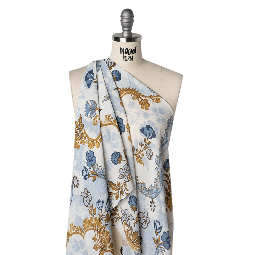 Viscose Georgette Print - Antique Gold, Marble Blue and Off White Floral Damask - Designer Deadstock - Drape