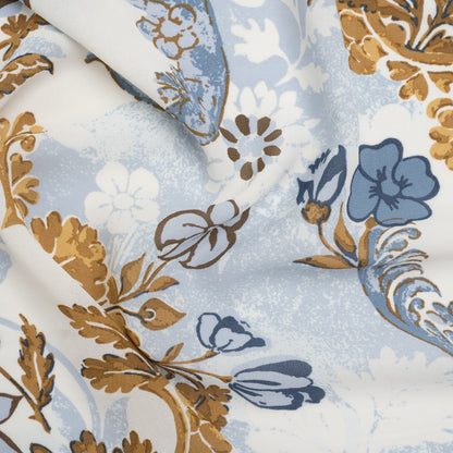 Viscose Georgette Print - Antique Gold, Marble Blue and Off White Floral Damask - Designer Deadstock