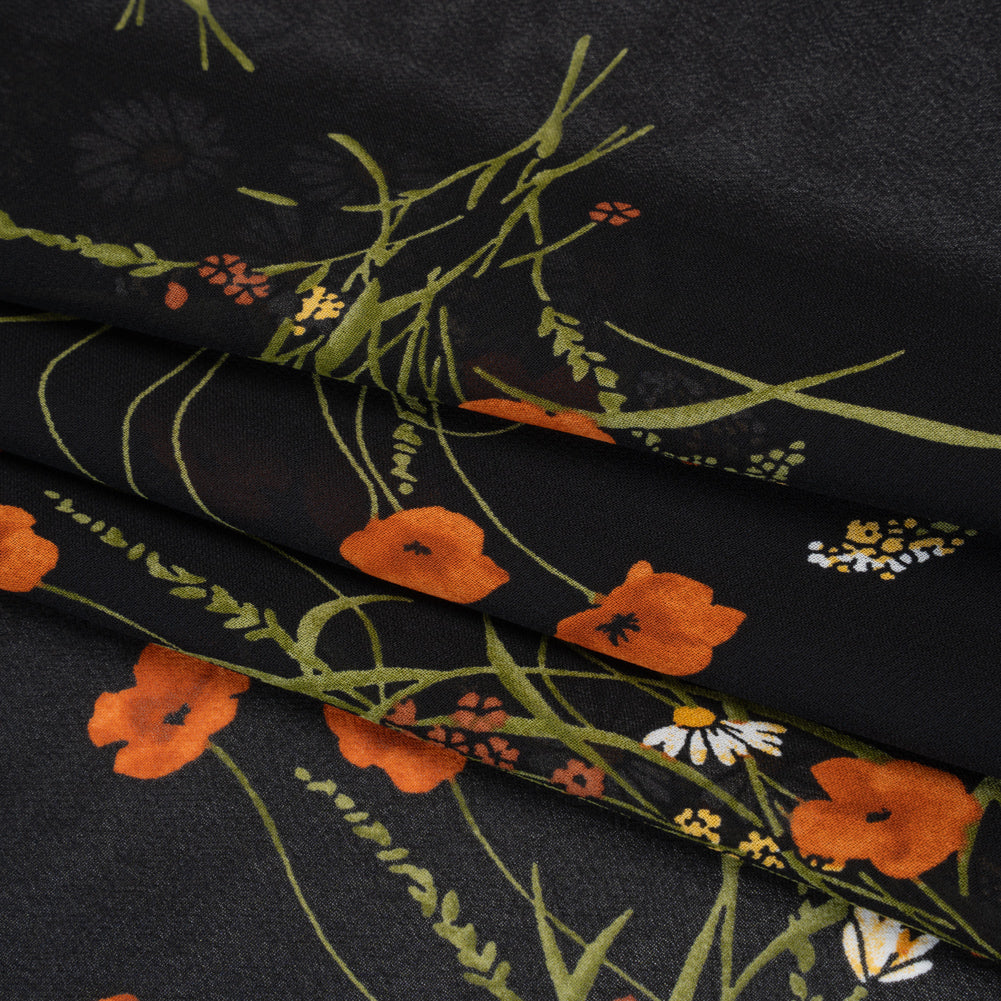Viscose Georgette Print - Terracotta Orange, Black and Moss Green Wildflower Floral - Designer Deadstock - Folded