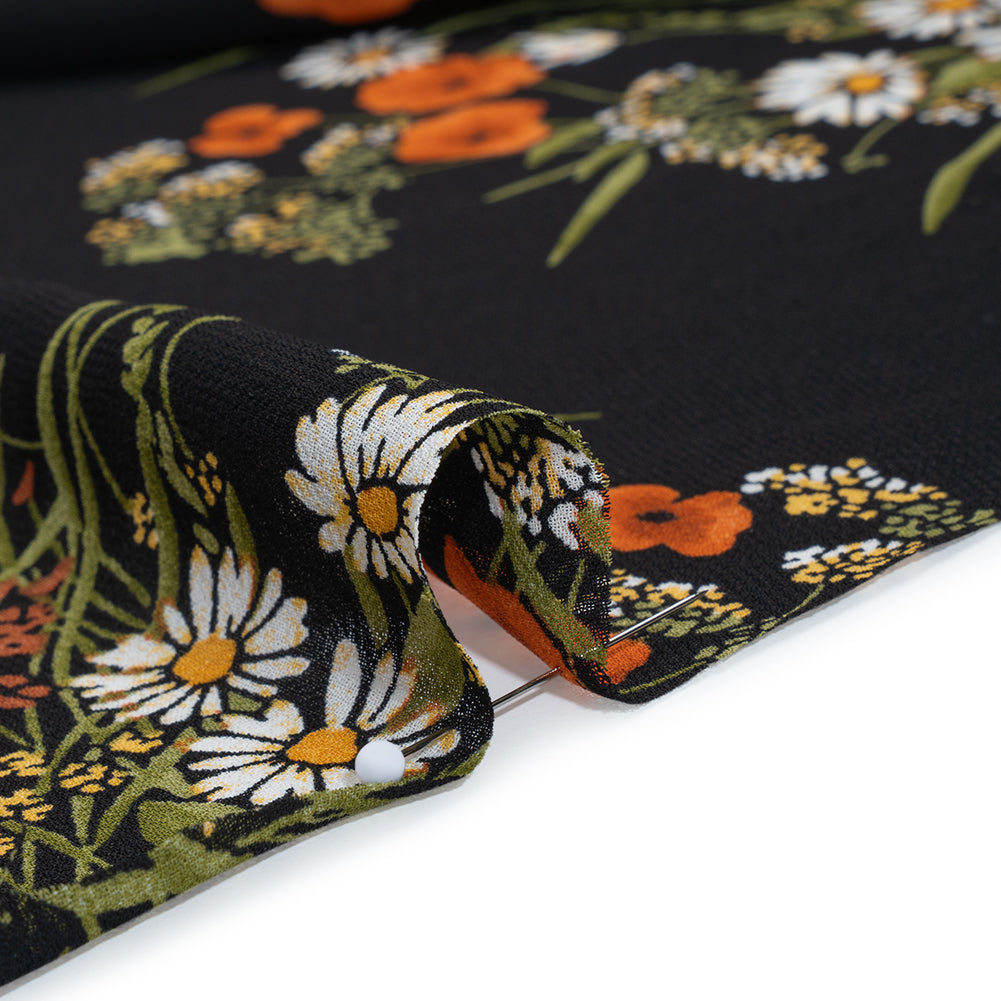 Viscose Georgette Print - Terracotta Orange, Black and Moss Green Wildflower Floral - Designer Deadstock - Detail