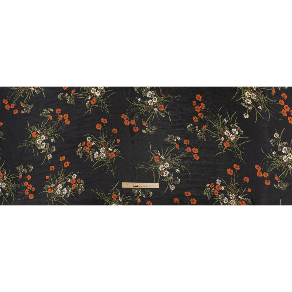 Viscose Georgette Print - Terracotta Orange, Black and Moss Green Wildflower Floral - Designer Deadstock - Full