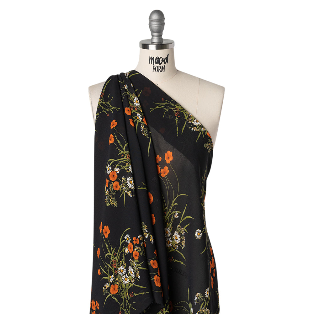 Viscose Georgette Print - Terracotta Orange, Black and Moss Green Wildflower Floral - Designer Deadstock - Drape