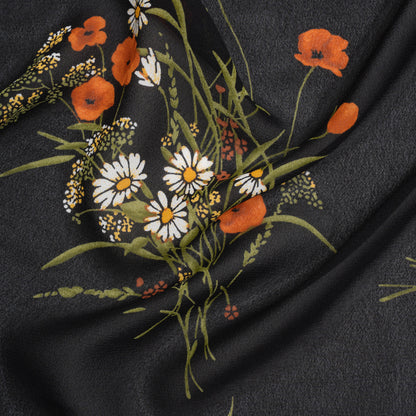 Viscose Georgette Print - Terracotta Orange, Black and Moss Green Wildflower Floral - Designer Deadstock