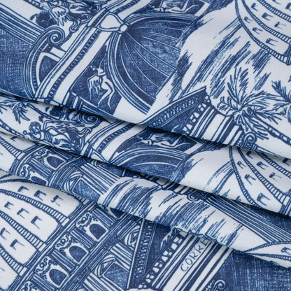 Stretch Econyl Nylon Jersey Print by The Reformation - Denim Blue and White Traditional Roman Architecture Illustration - Deadstock